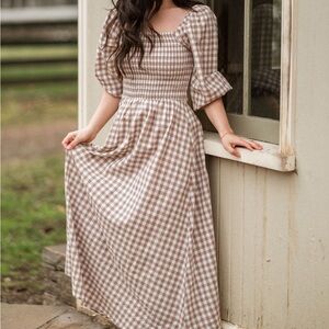 Hartselle Dress Gingham - Elegant Brown Checkered Dress